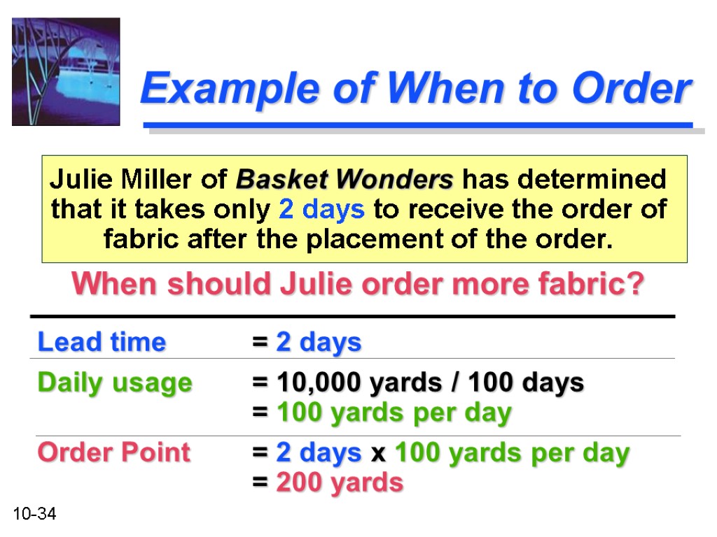 Example of When to Order Julie Miller of Basket Wonders has determined that it